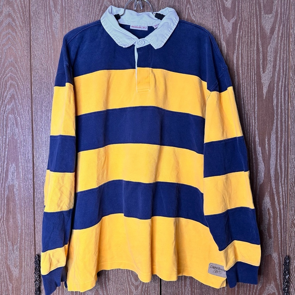Reebok Yellow and Blue Striped Crewneck Sweater